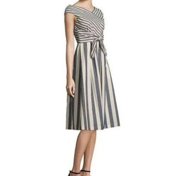 Lafayette 148 New York Dresses & Skirts - Lafayette 148 Ximena Striped Dress Women M Midi Coastal Linen Tie Pockets Career
